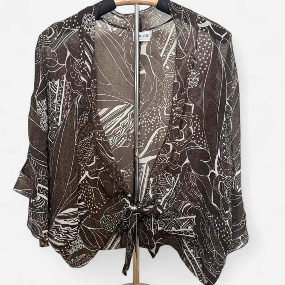 Chico's 100% Silk Floral Flutter Sleeve Tie-Front Cardigan